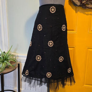 Vintage 90s Y2K Boho Unusual Black Tulle Embellished Maxi Skirt Size Medium